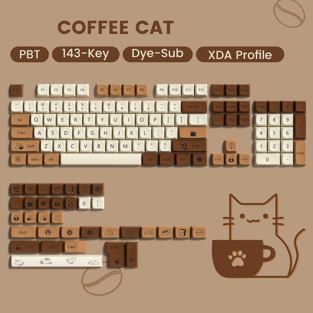 Juego de 143 llaves Coffee Cat con perfil XDA - Dye-Sub PBT