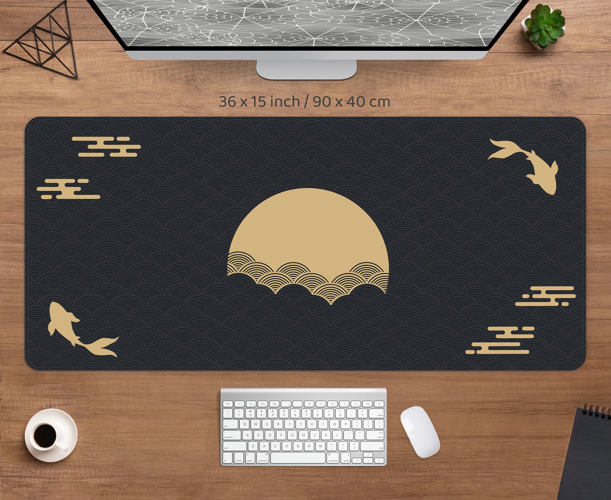 ZenWave Koi – Japanese-Inspired Desk Mat with Black & Gold Sunrise Art