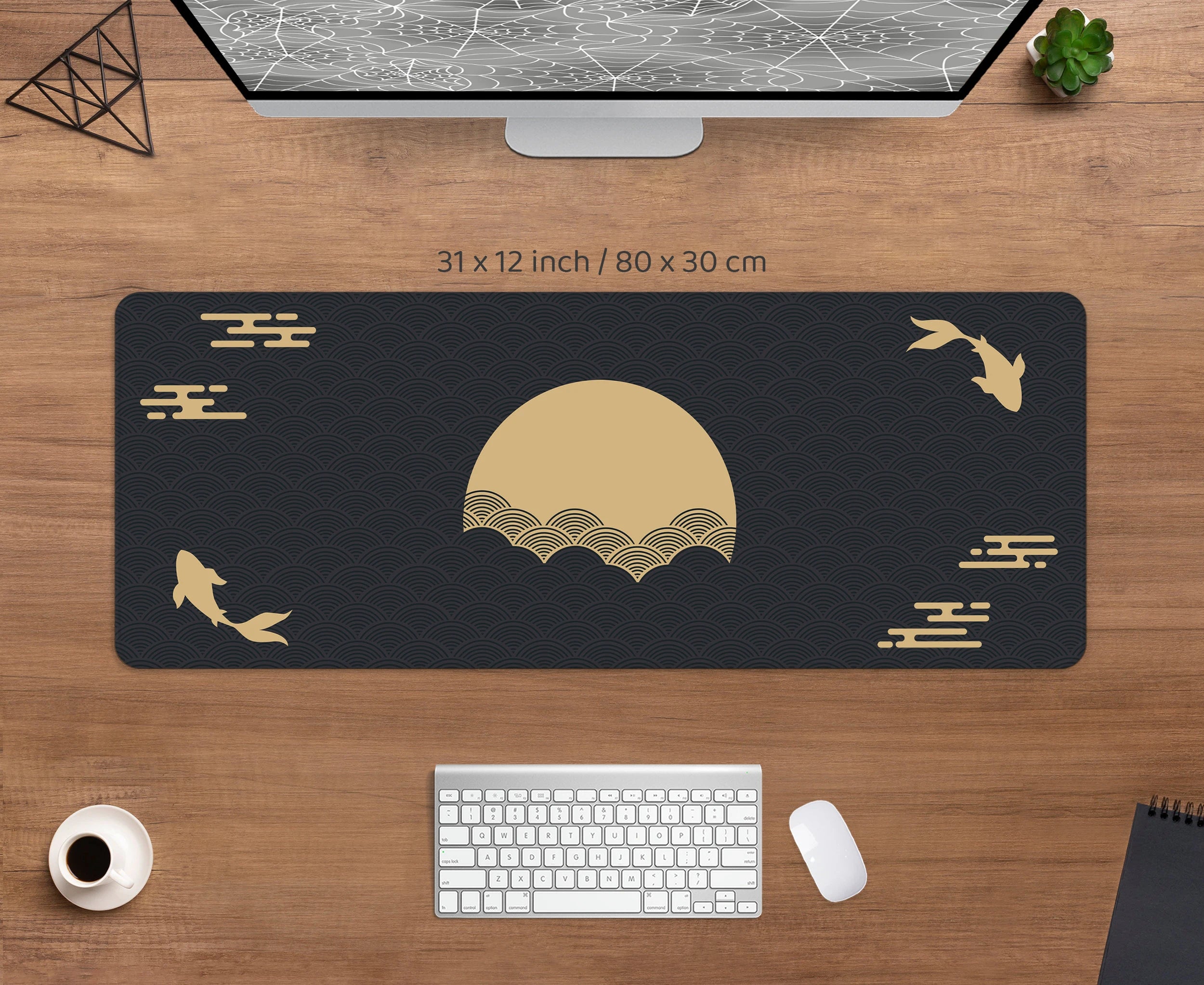 ZenWave Koi – Japanese-Inspired Desk Mat with Black & Gold Sunrise Art