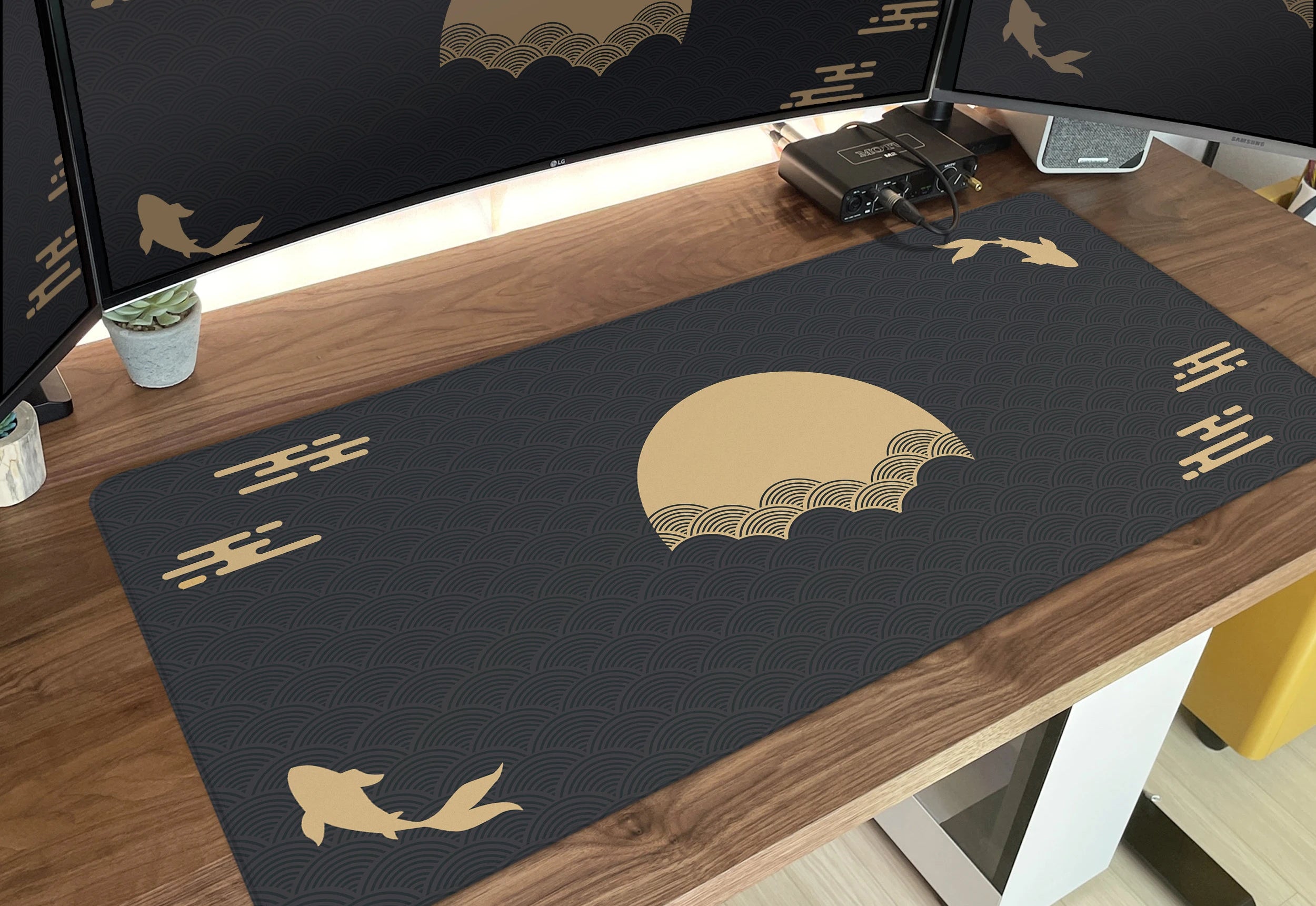 ZenWave Koi – Japanese-Inspired Desk Mat with Black & Gold Sunrise Art